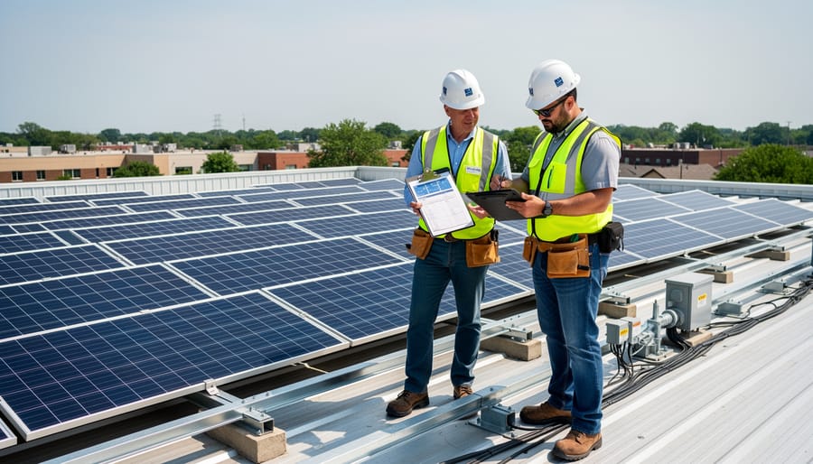 Building inspector in safety vest examining solar panel installation on residential roof