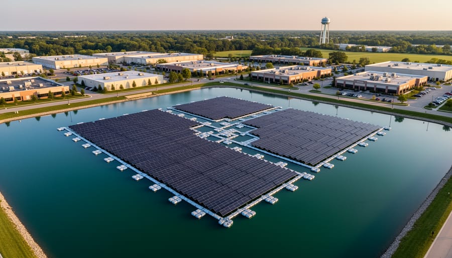 Business professional viewing floating solar panel installation on industrial water body