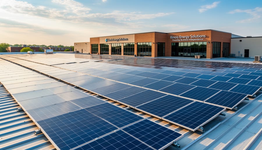 Large-scale solar panel installation on commercial building rooftop