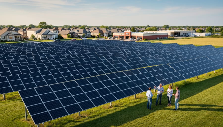 Aerial view of community solar farm with rows of solar panels in field near residential area