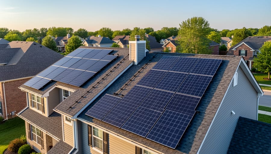 Aerial view of residential home with properly installed solar panel array showing code-compliant spacing
