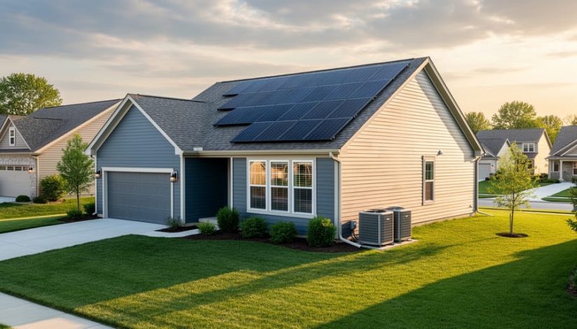 Contemporary Illinois suburban house with rooftop solar panels, upgraded energy-efficient windows, and an outdoor heat pump unit, photographed from a front-corner angle at golden hour with a tree-lined neighborhood in the background