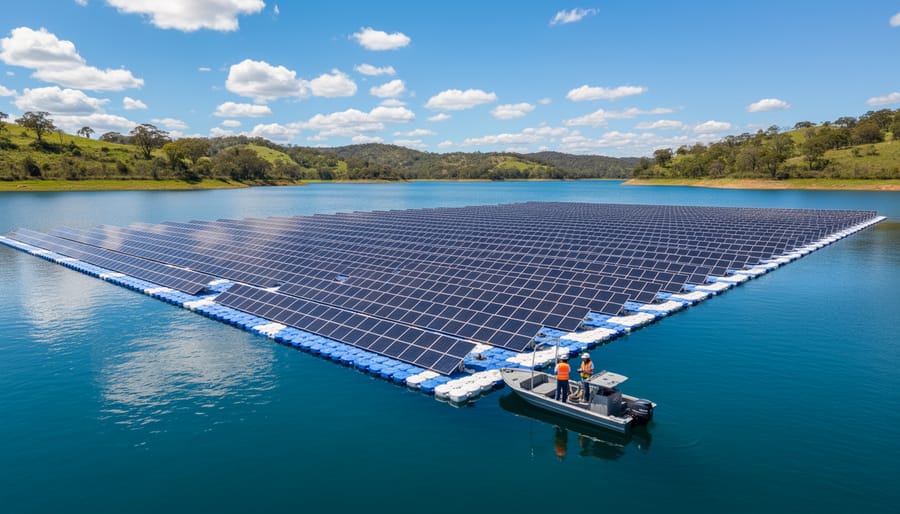 Aerial view of floating solar panel array installed on reservoir water