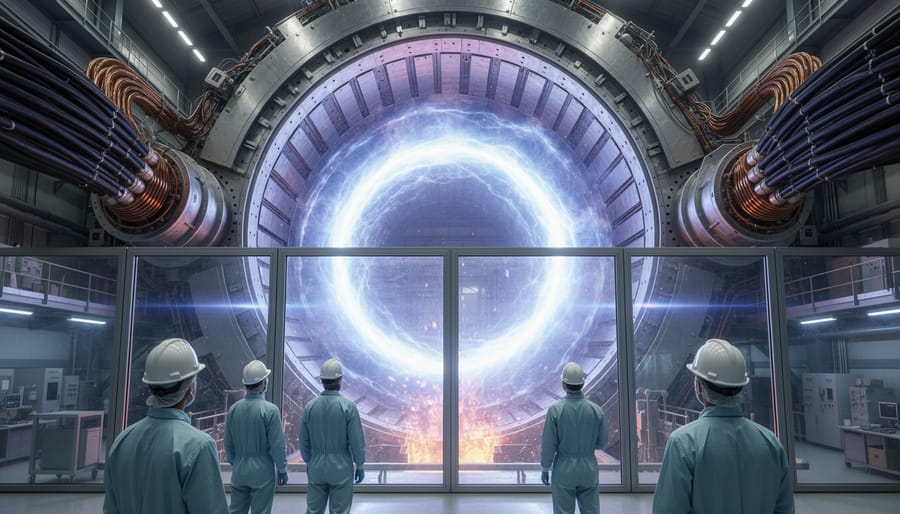 Glowing blue plasma inside experimental fusion reactor chamber