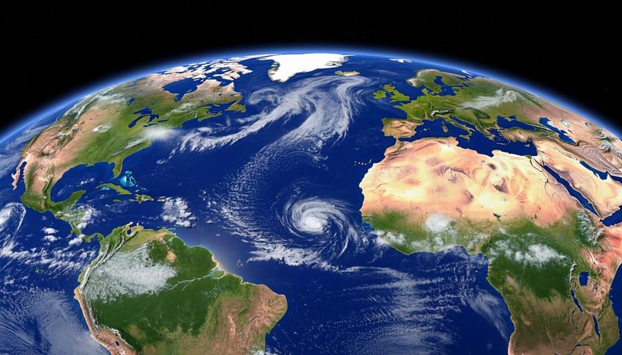 Aerial view of Earth showing swirling cloud formations created by global wind patterns