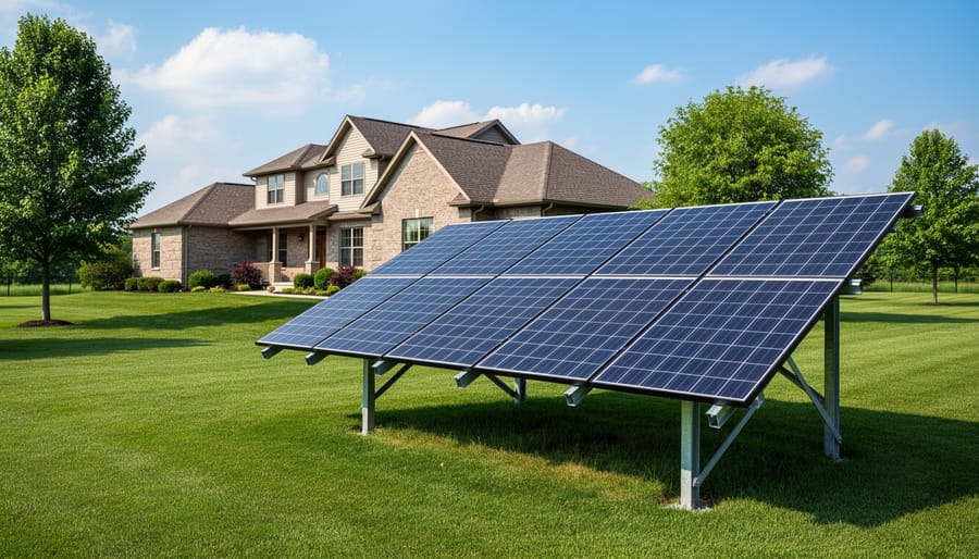 Ground-mounted solar panel installation in residential yard setting