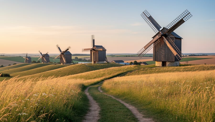 Historic Dutch windmill against blue sky showing traditional wind energy technology