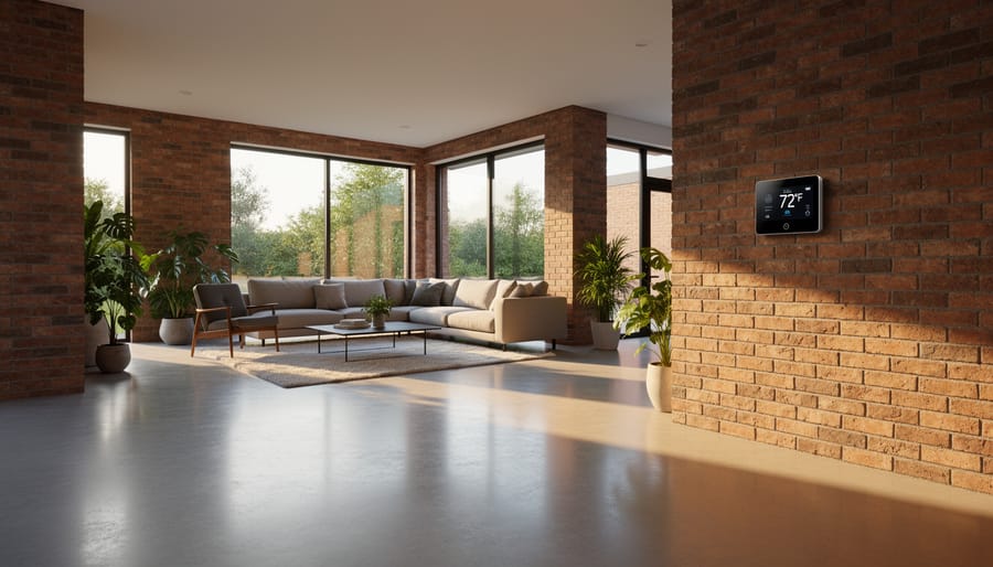 Sunlight on concrete floor and brick wall showing thermal mass in residential home