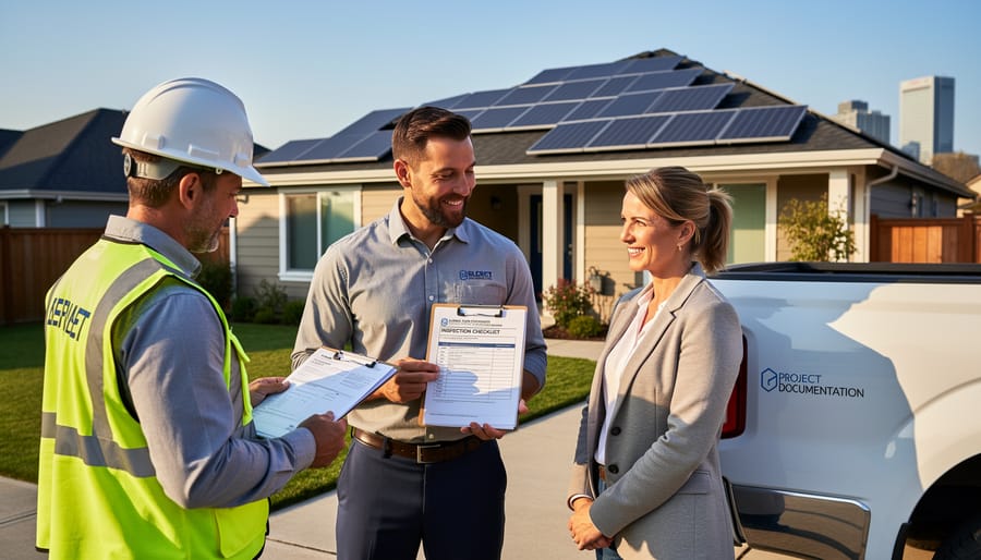 Homeowner and solar contractor reviewing installation documents with solar panels on roof in background