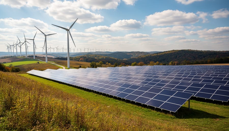 Wind turbines and solar panels operating together on farmland in hybrid renewable energy system