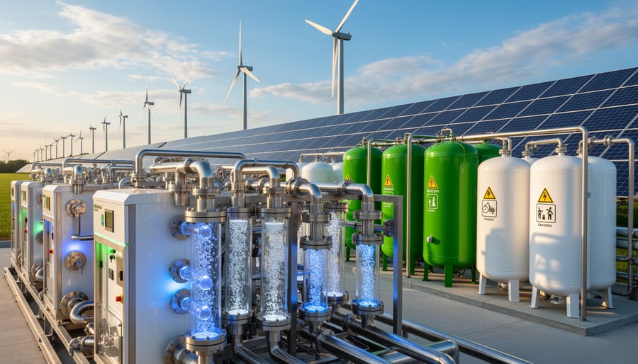Close-up of electrolysis equipment producing hydrogen gas bubbles in water