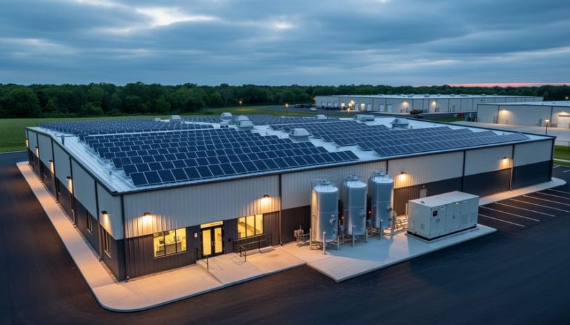 Blue-hour view of a Midwestern commercial building with rooftop solar panels, cylindrical hydrogen storage tanks, and a compact fuel cell unit glowing under a cloudy sky.
