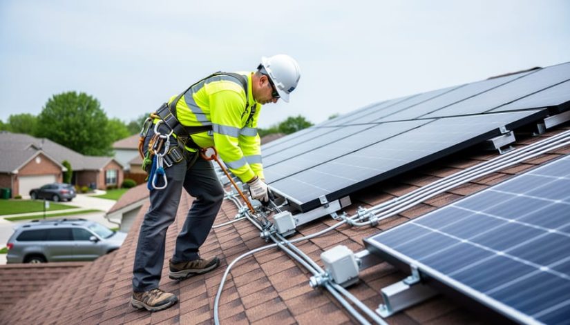 Building inspector in safety gear examines the mounting hardware and conduit of a rooftop solar array on a brick suburban Illinois home, tablet in hand, with a tree-lined neighborhood softly blurred in the background under bright overcast light.