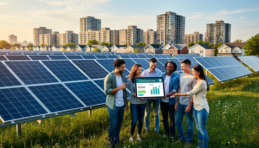 Aerial view of community solar farm with rows of solar panels in Illinois farmland