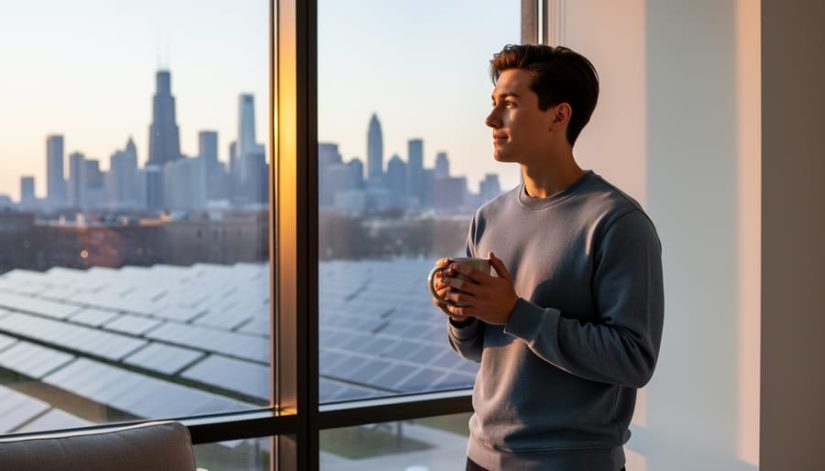 Young renter by a sunlit window in a Chicago apartment with the skyline and distant solar panels visible, representing community solar savings without installing rooftop panels.