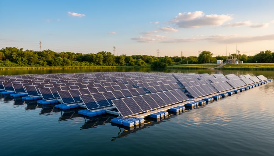Wide view of Illinois reservoir with floating solar panels covering portion of water surface