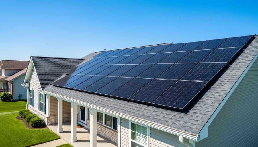 Aerial view of residential home showing roof orientation and surrounding shade sources