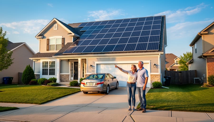 Illinois residential home with solar panels installed on roof in suburban setting