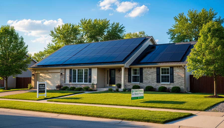 Aerial view of residential solar panel installation on Illinois suburban home