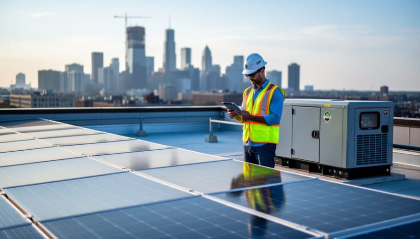 Engineer in safety vest and hard hat using a tablet beside a compact backup generator on a commercial rooftop lined with solar panels, with the Chicago skyline and a small crane softly blurred in the background under diffused daylight.