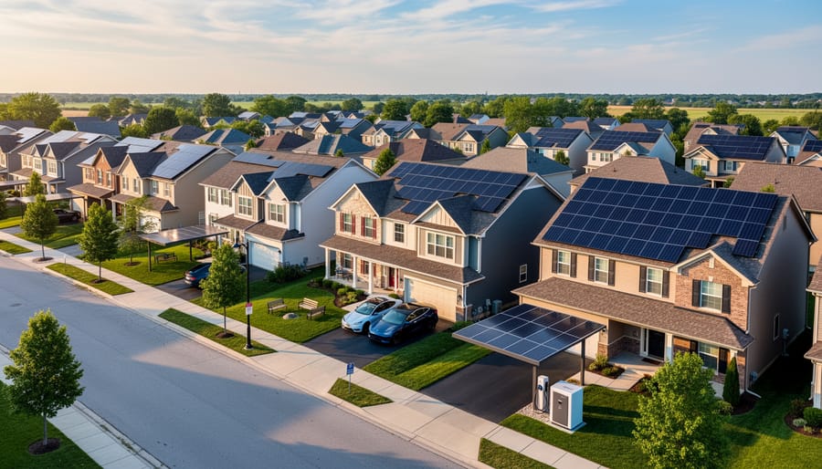 Aerial view of Illinois suburban neighborhood with solar panels installed on multiple residential roofs