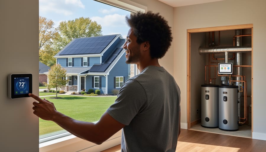 Aerial view of Illinois home with rooftop solar panel installation in residential neighborhood