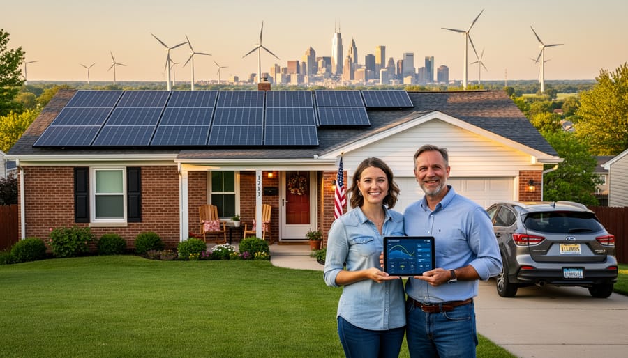 Modern Illinois home with solar panels during sunset showing sustainable energy infrastructure