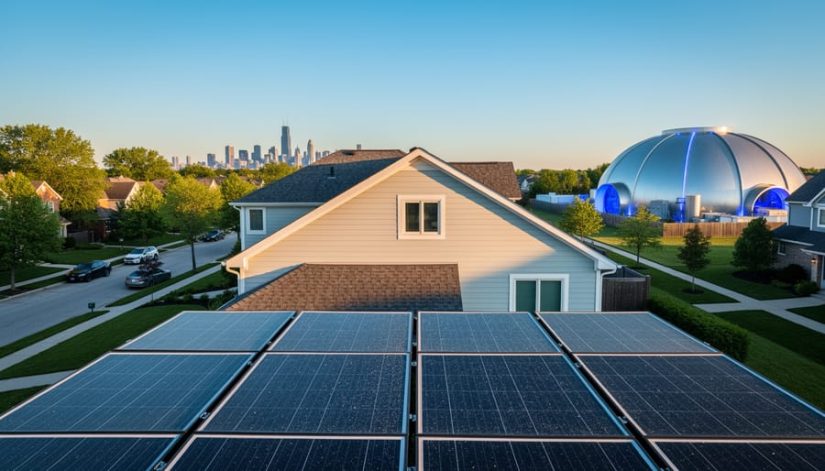 Wide photo of a suburban Illinois house with rooftop solar panels in warm sunset light, with the Chicago skyline and a small dome-shaped research facility glowing softly blue on the horizon.
