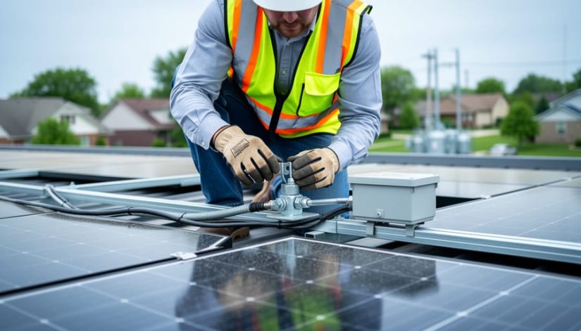 Safety-vested inspector kneeling beside residential rooftop solar panels, closely inspecting conduit runs, a grounding clamp, and an unbranded gray disconnect box, with a Midwestern suburban neighborhood softly blurred in the background under overcast daylight.