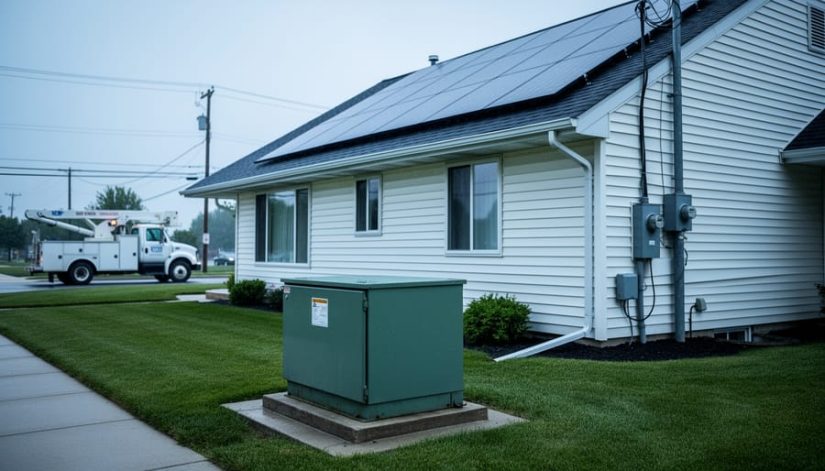 Pad-mounted transformer and exterior electric meter in front of a Midwestern home with rooftop solar panels, with a utility bucket truck and power lines softly blurred in the background.