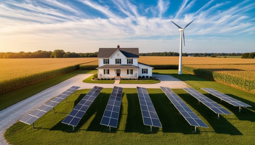 Ground-mounted solar panels and a wind turbine on an Illinois farmstead at golden hour, with streaked high clouds aligned west to east over cornfields and a treeline.