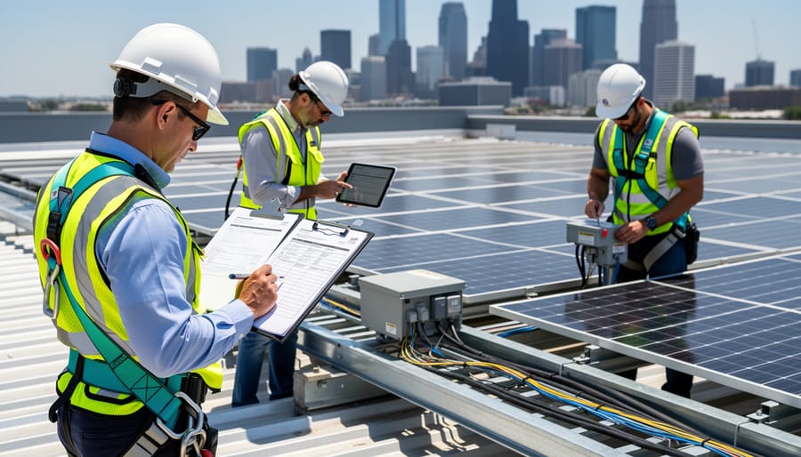 Building inspector examining solar panel mounting system on residential roof