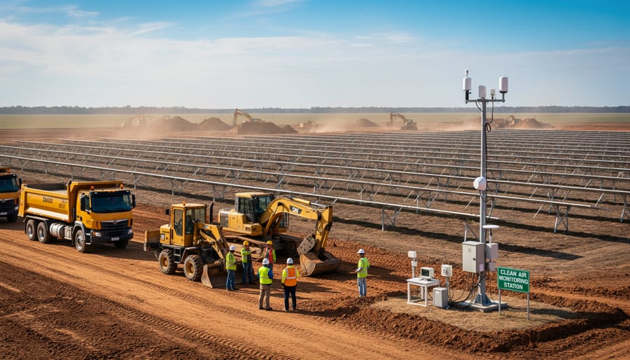 Ground-mounted solar farm under construction showing land preparation and heavy equipment