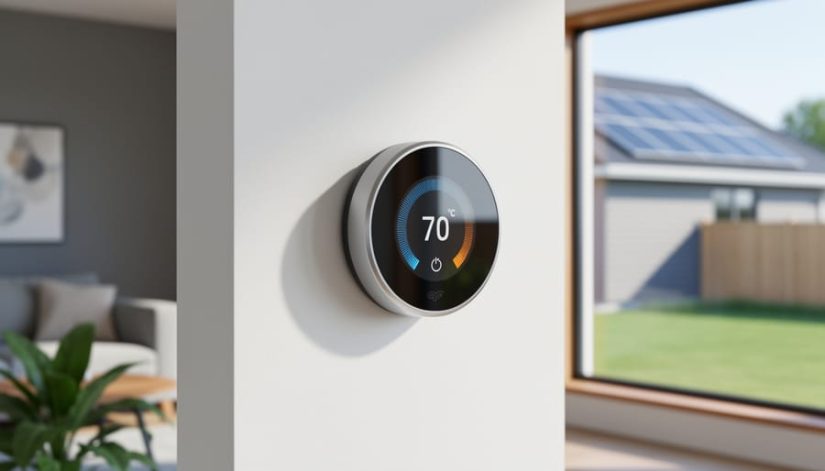 Close-up of a wall-mounted smart thermostat in a modern living room, with rooftop solar panels visible through a bright window in the background.