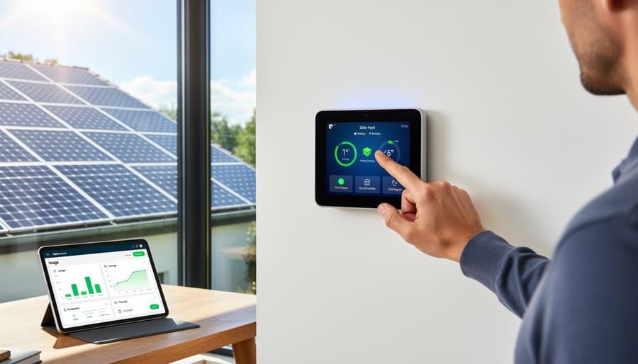 Smart thermostat on wall with solar panels visible through window in modern home