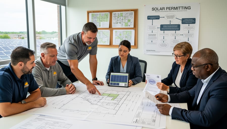 Planning documents and blueprints on conference table in municipal planning office