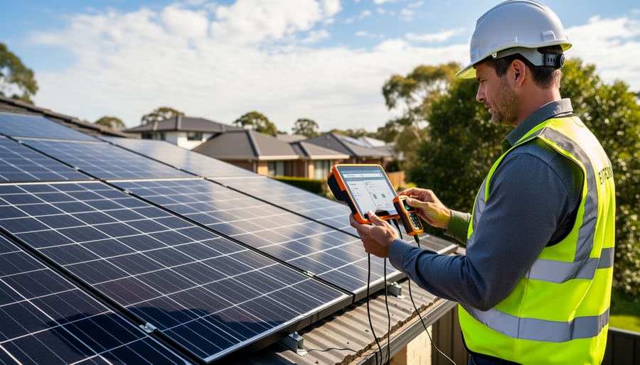 Solar assessment professional using measurement equipment on residential rooftop