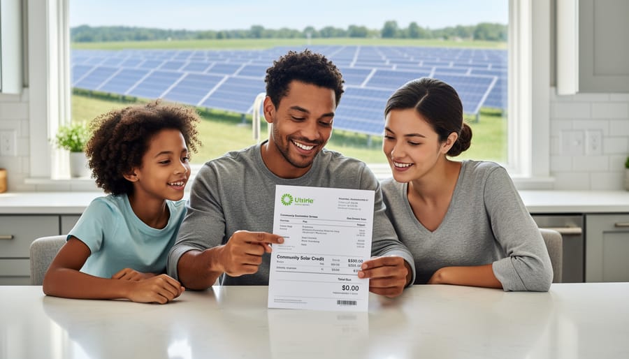 Woman in apartment reviewing utility bill savings on smartphone