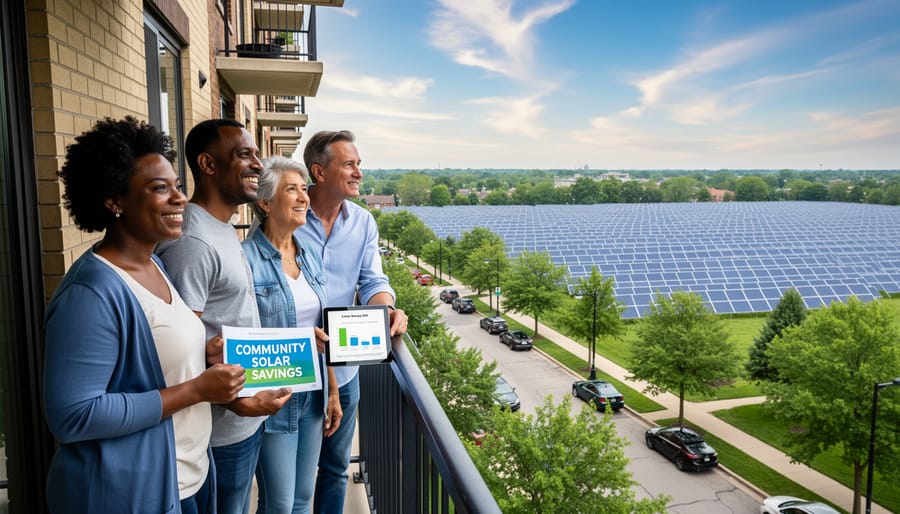 Young couple reviewing electric bill on apartment balcony with urban skyline in background