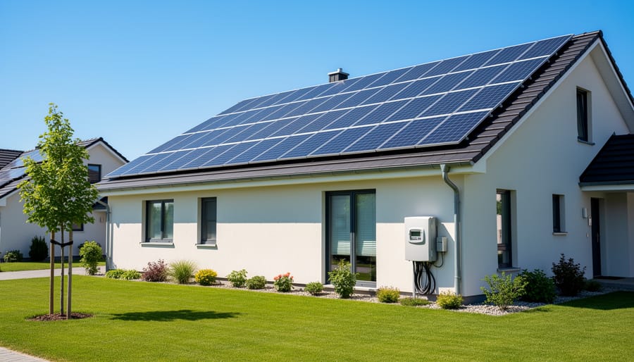 Modern solar panel array installed on residential rooftop in suburban neighborhood
