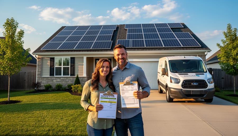 Solar panels installed on residential rooftop under clear blue sky