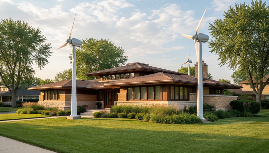 Small residential wind turbine integrated with Prairie-style home architecture