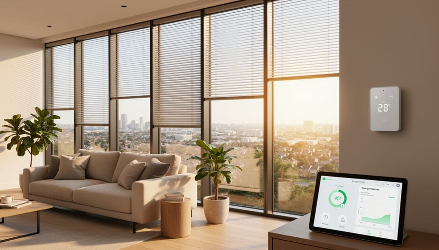 Motorized smart blinds on residential window with sunlight creating patterns through adjustable slats