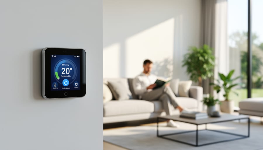Modern smart thermostat displaying temperature controls on interior wall