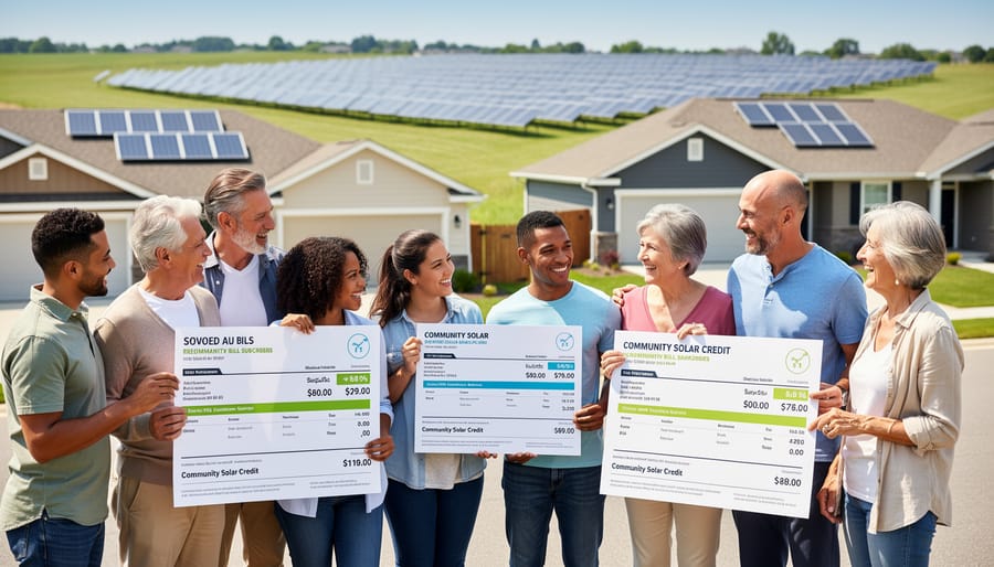 Person reviewing electricity bill showing community solar credits and savings