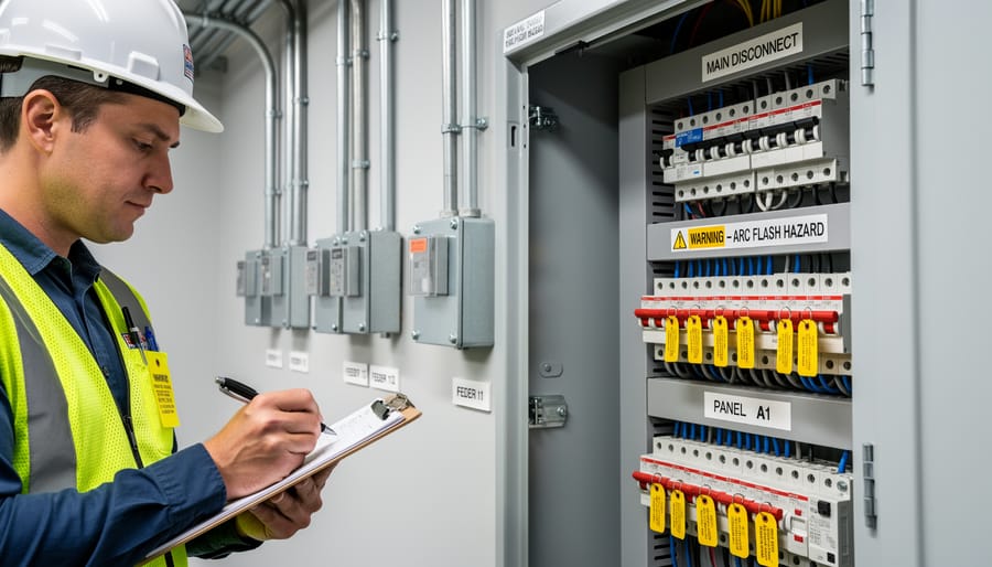 Solar electrical disconnect and labeled components on residential exterior wall