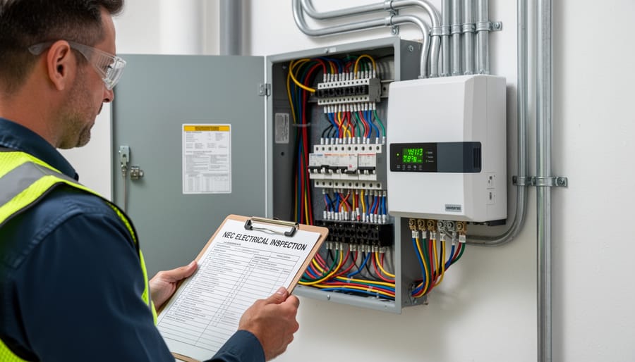 Electrician connecting wiring to solar inverter system during installation