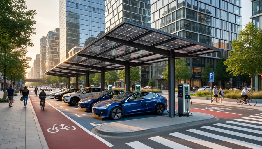Solar canopy over commercial parking lot with electric vehicle charging stations