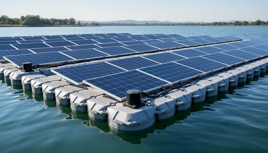 Close-up of floating solar panel pontoon and anchoring system on water