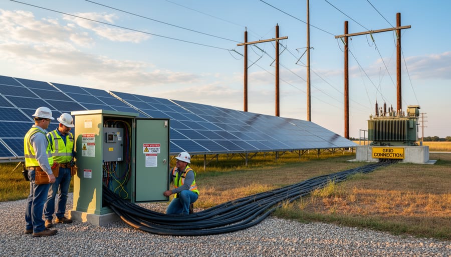 Solar panels on residential roof connected to utility transformer and electrical grid infrastructure